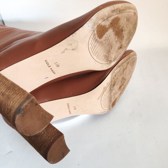 Cole Haan Knee High Tall Riding Boots Size 11 Leather Camel Tan Block Heel Prep - Picture 9 of 11